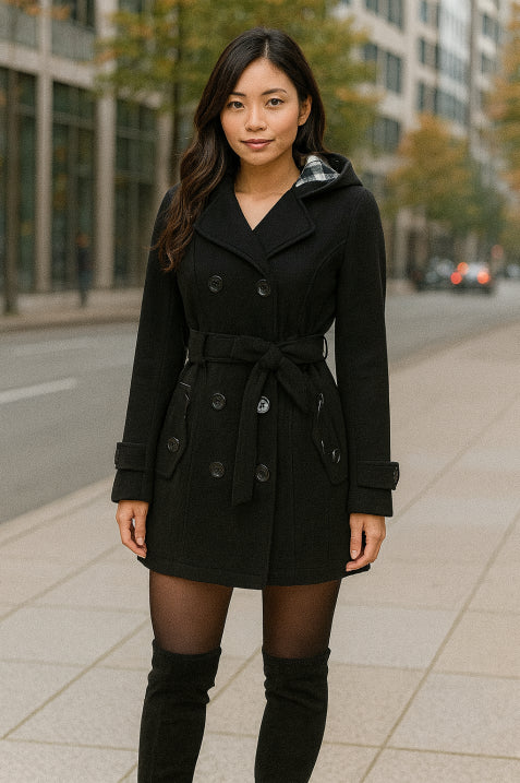 NOUVEAU RICHE Damen Kapuzenmantel Doppelreihig Mit Gürtel Für Kalte Tage Schwarz