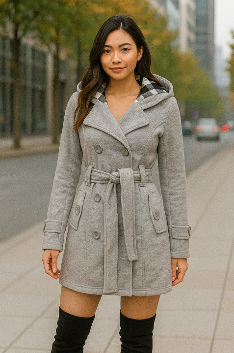 NOUVEAU RICHE Damen Kapuzenmantel Doppelreihig Mit Gürtel Für Kalte Tage Hellgrau