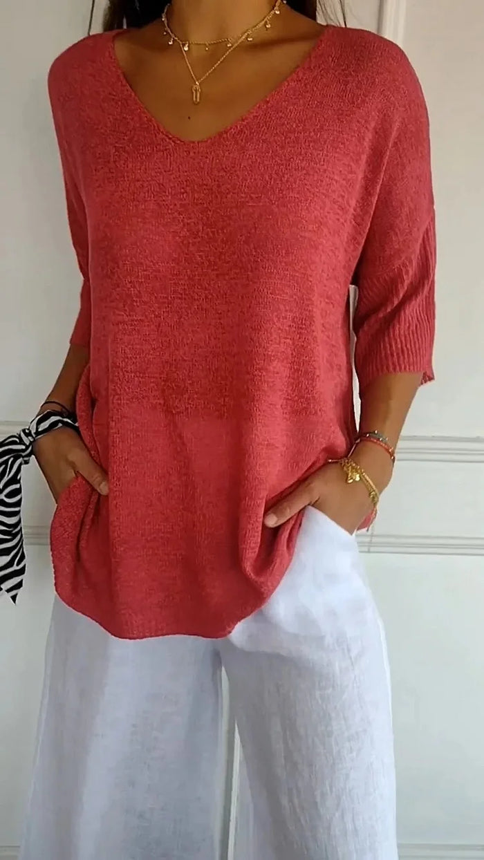 NOUVEAU RICHE Dôre | Bequemes Damen-Stricktop mit V-Ausschnitt Rot