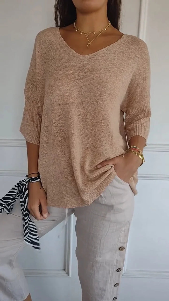 NOUVEAU RICHE Dôre | Bequemes Damen-Stricktop mit V-Ausschnitt Aprikose