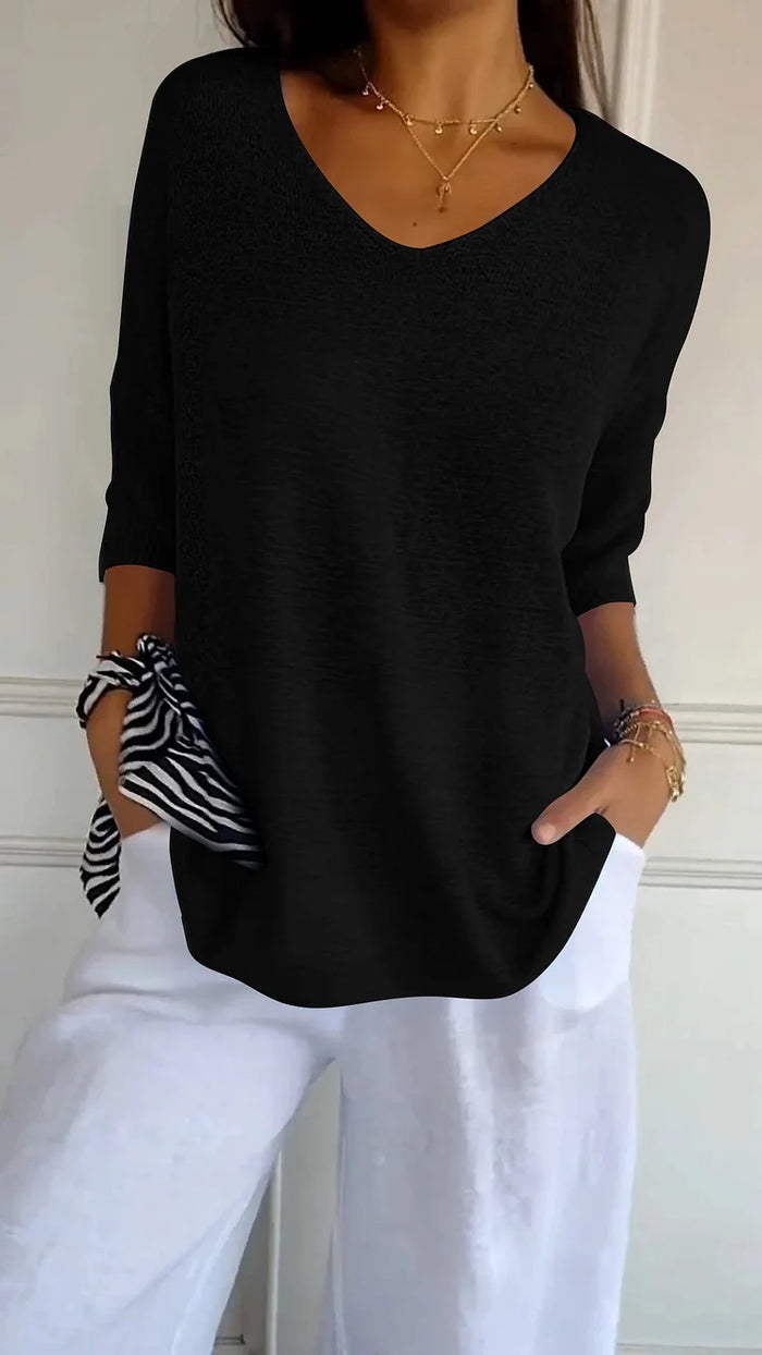 NOUVEAU RICHE Dôre | Bequemes Damen-Stricktop mit V-Ausschnitt Schwarz