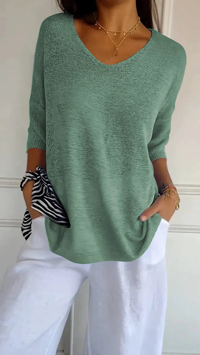 NOUVEAU RICHE Dôre | Bequemes Damen-Stricktop mit V-Ausschnitt Grasgrün