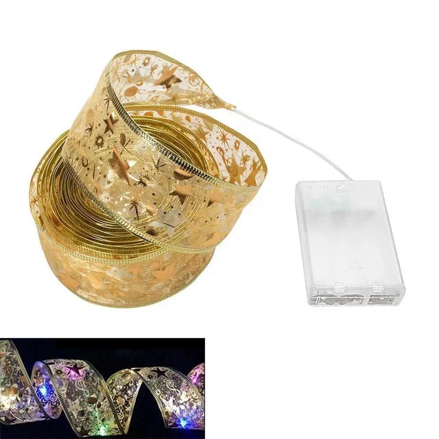 NOUVEAU RICHE Weihnachts-Lichterband – LED Lichterkette mit Organza Schleifenband für den Christbaum, 3 m oder 5 m, 6 Stile – TwinkleRibbon 3m Stil 5