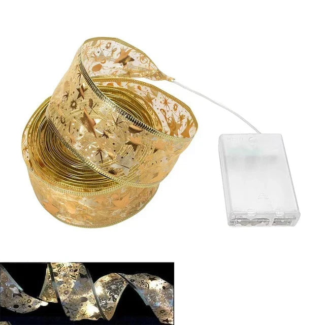 NOUVEAU RICHE Weihnachts-Lichterband – LED Lichterkette mit Organza Schleifenband für den Christbaum, 3 m oder 5 m, 6 Stile – TwinkleRibbon 3m Stil 2