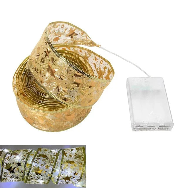 NOUVEAU RICHE Weihnachts-Lichterband – LED Lichterkette mit Organza Schleifenband für den Christbaum, 3 m oder 5 m, 6 Stile – TwinkleRibbon 3m Stil 4