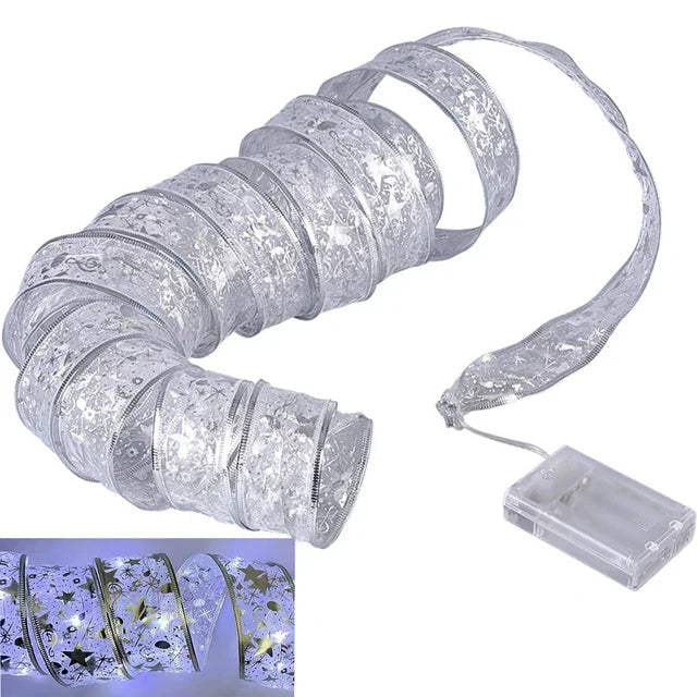 NOUVEAU RICHE Weihnachts-Lichterband – LED Lichterkette mit Organza Schleifenband für den Christbaum, 3 m oder 5 m, 6 Stile – TwinkleRibbon 3m Stil 3