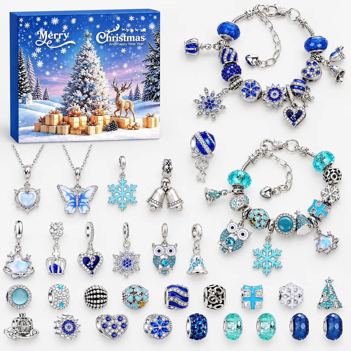 Charm Armband Adventskalender – 2 Versilberte Armbänder & 22 Charms und Perlen, Schmuck Adventskalender für Mädchen, 9 Designs