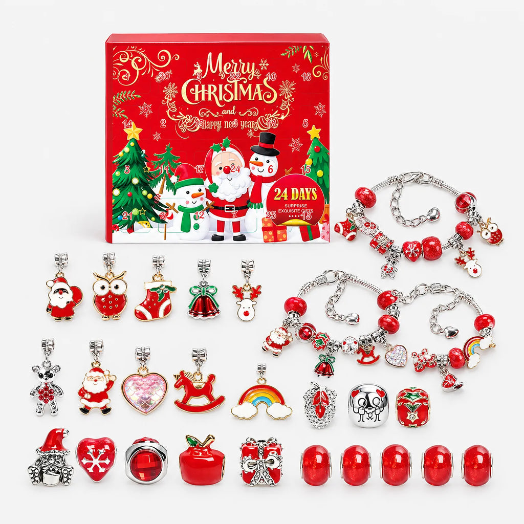 Charm Armband Adventskalender – 2 Versilberte Armbänder & 22 Charms und Perlen, Schmuck Adventskalender für Mädchen, 9 Designs