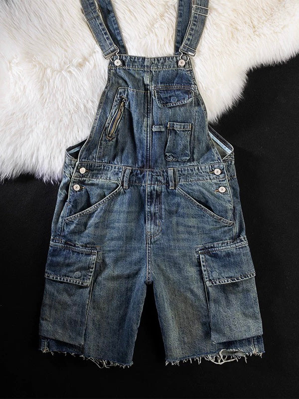 NOUVEAU RICHE Vintage Jeans Latzshorts für Damen mit Verstellbaren Trägern und Lockerem Schnitt im Gebrochenen Denim Stil