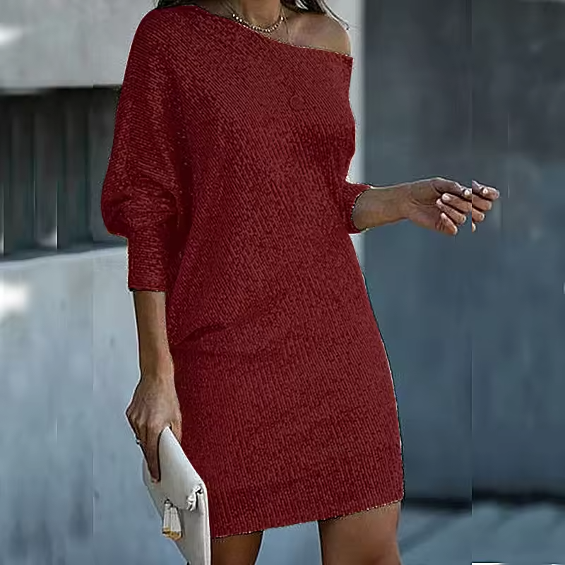 NOUVEAU RICHE Elegantes Pailletten Damen Kleid Für Herbst Winter Party Burgund