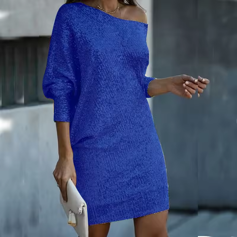 NOUVEAU RICHE Elegantes Pailletten Damen Kleid Für Herbst Winter Party Blau