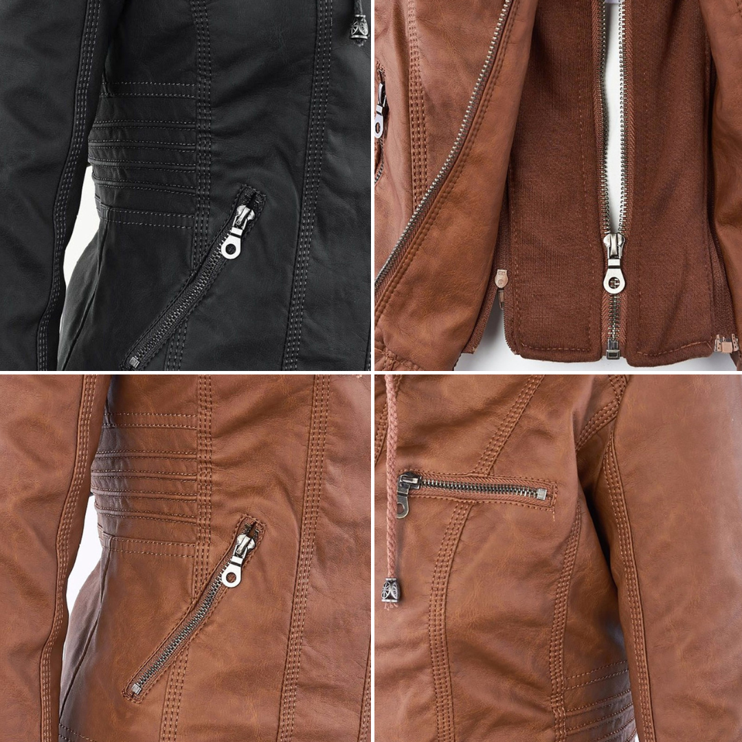 NOUVEAU RICHE Damen Lederjacke Wetterbeständig Mit Kapuze Wasserabweisend