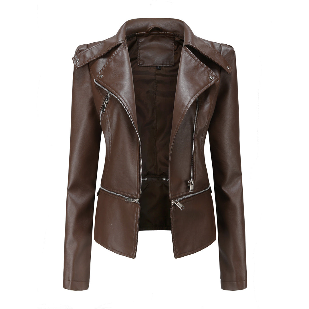 NOUVEAU RICHE Bikerjacke Damen Schlanke Passform Urban Stil Klarer Look Braun