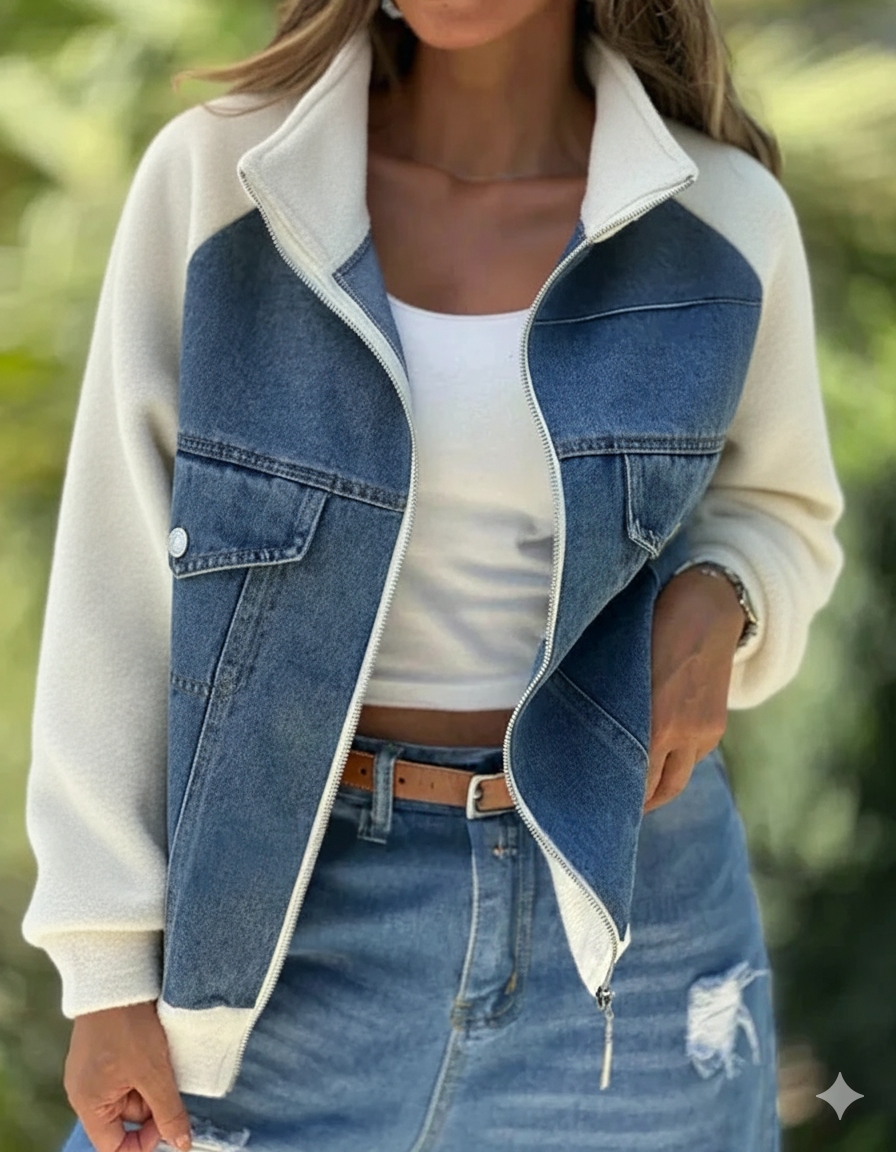 NOUVEAU RICHE Damen College-Übergangsjacke Zeitloser Denim-Optik Leicht Weiß