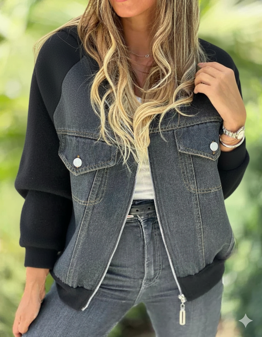 NOUVEAU RICHE Damen College-Übergangsjacke Zeitloser Denim-Optik Leicht Schwarz