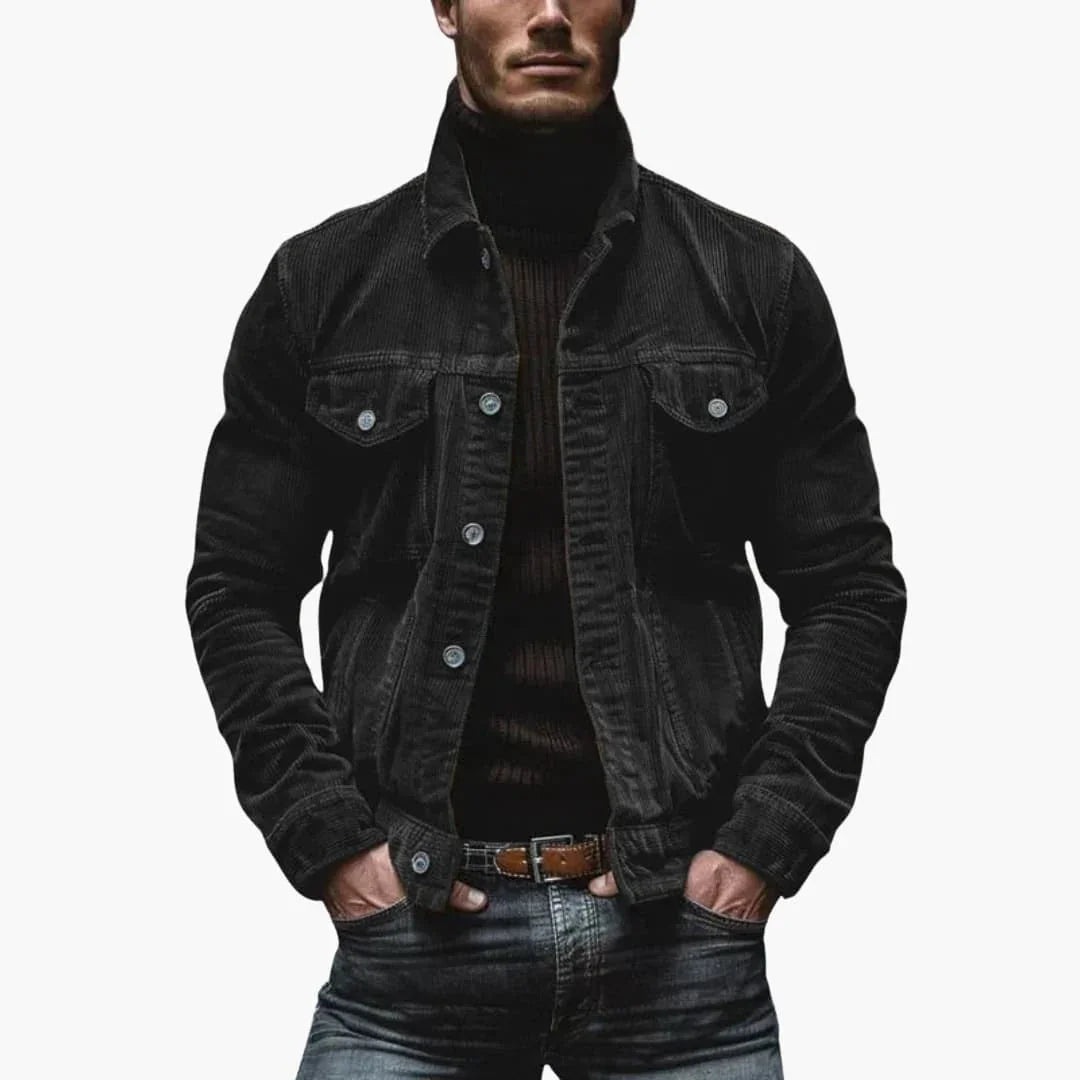 NOUVEAU RICHE Cordjacke Herren Taschen Lockere Passform Kragen Tradition Schwarz