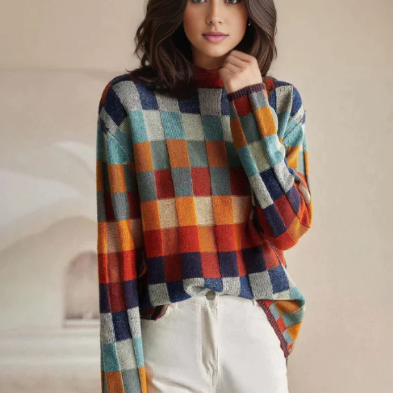 NOUVEAU RICHE Rollkragenpullover Damen Patchwork Melange Strick Oversize Default