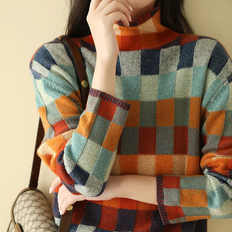 NOUVEAU RICHE Rollkragenpullover Damen Patchwork Melange Strick Oversize