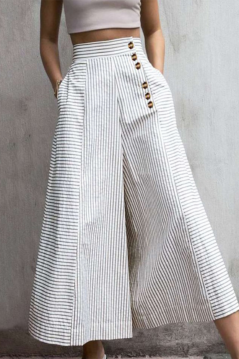 NOUVEAU RICHE Culottes Mit Hoher Taille Für Damen Weites Bein Streifenmuster Verkürzte Länge Mit Knopfdetail Weiß