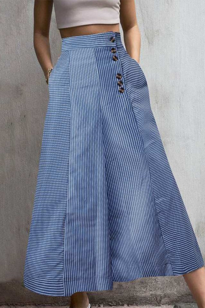 NOUVEAU RICHE Culottes Mit Hoher Taille Für Damen Weites Bein Streifenmuster Verkürzte Länge Mit Knopfdetail Blau