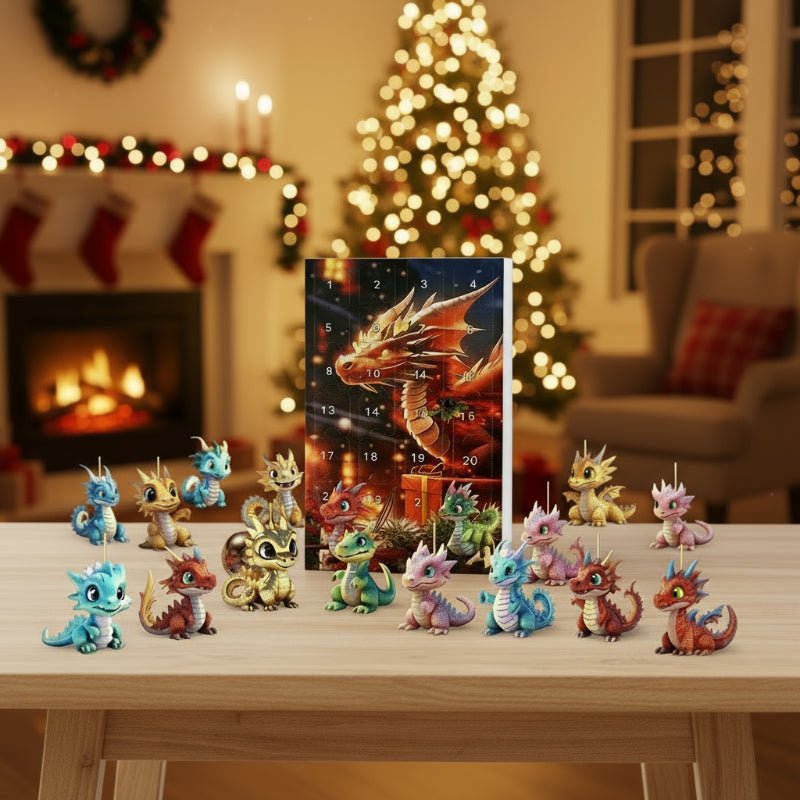NOUVEAU RICHE Drachen Adventskalender – 24 niedliche Cartoon-Drachen als Schlüsselanhänger, Countdown bis Weihnachten für Kinder ab 6 & Sammler