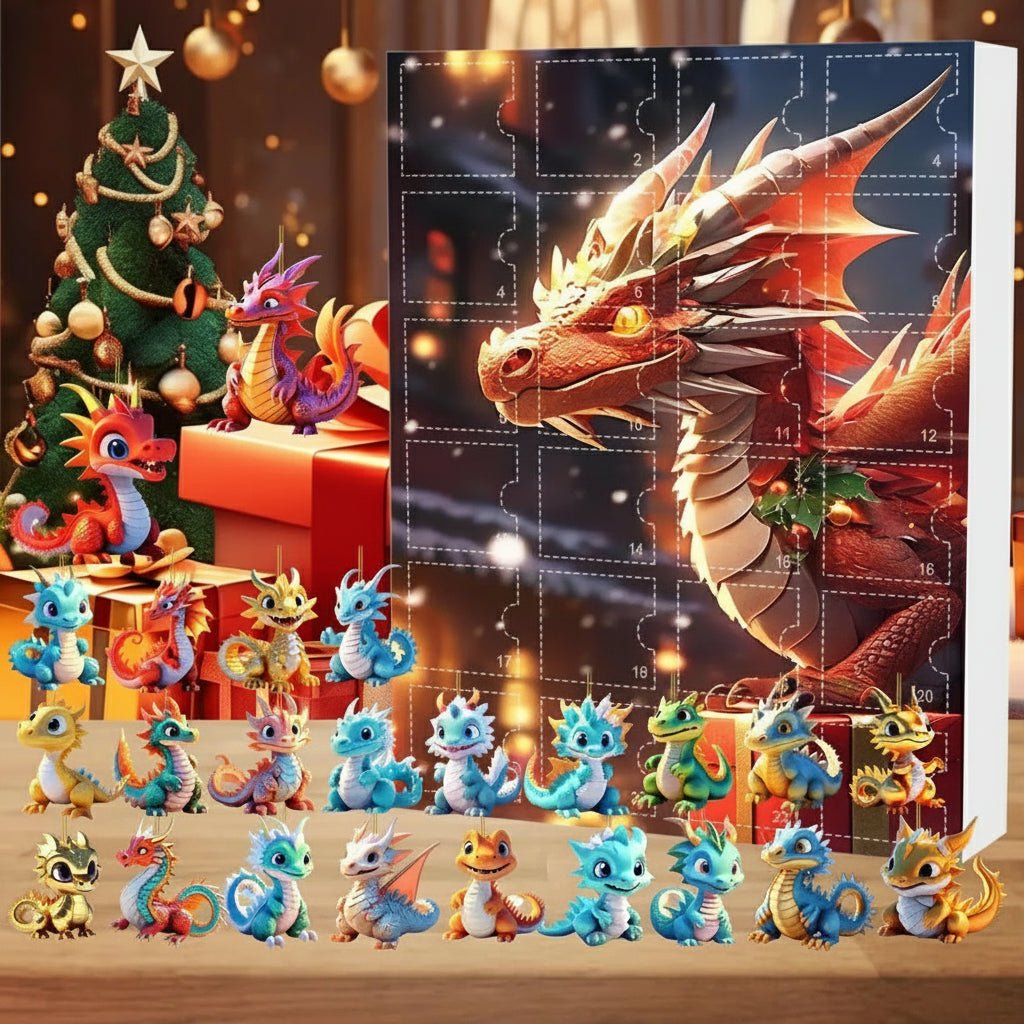 NOUVEAU RICHE Drachen Adventskalender – 24 niedliche Cartoon-Drachen als Schlüsselanhänger, Countdown bis Weihnachten für Kinder ab 6 & Sammler