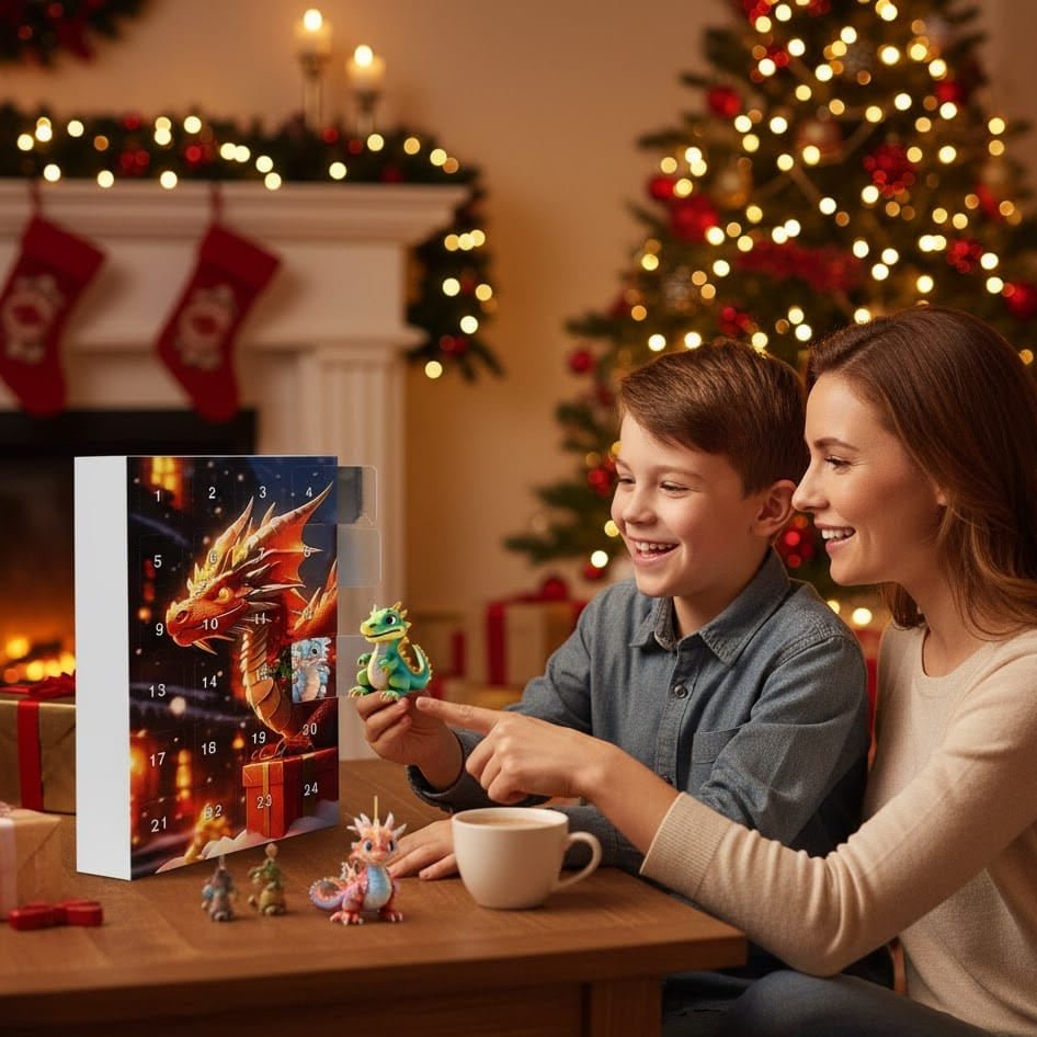 NOUVEAU RICHE Drachen Adventskalender – 24 niedliche Cartoon-Drachen als Schlüsselanhänger, Countdown bis Weihnachten für Kinder ab 6 & Sammler