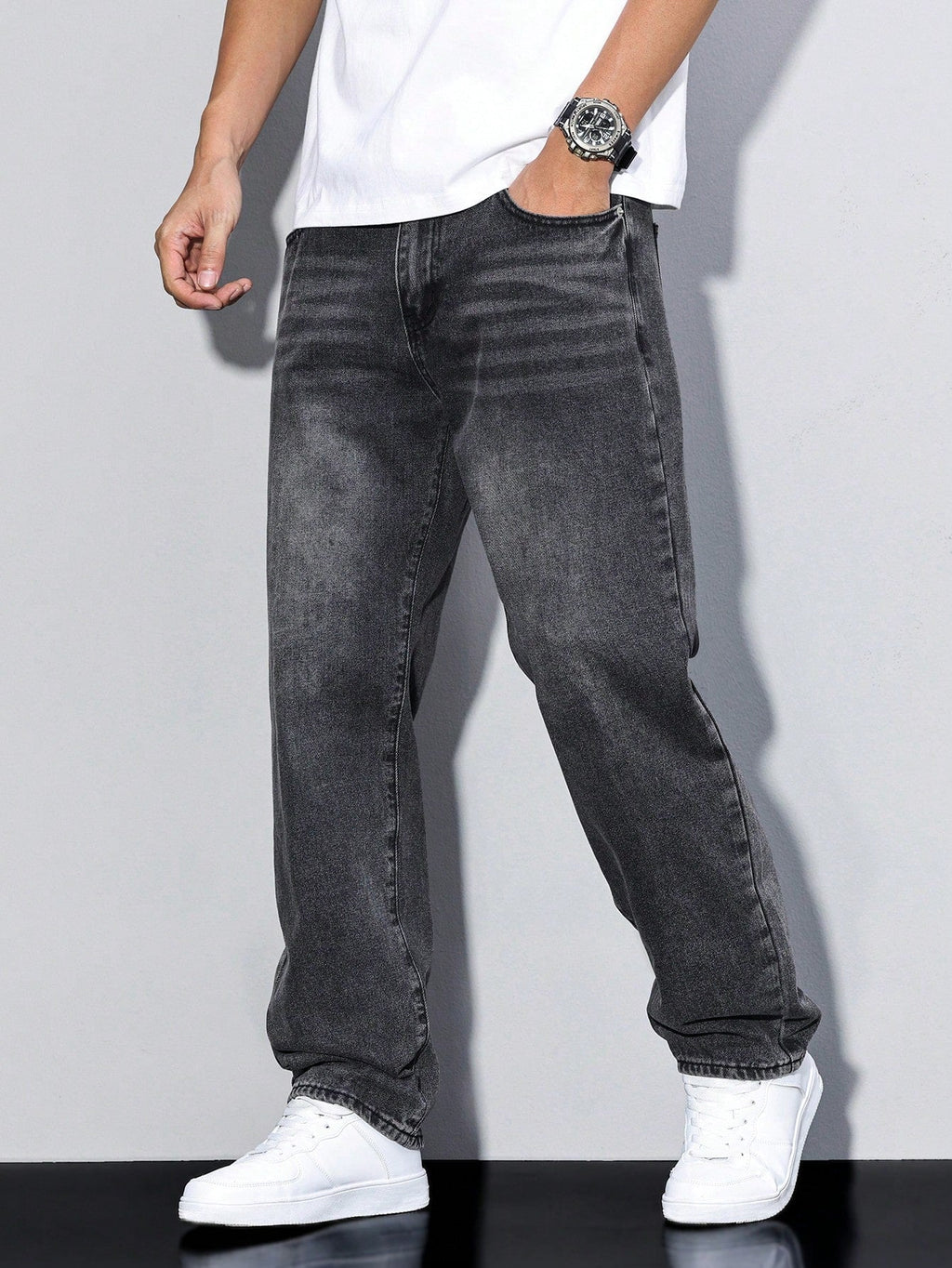 NOUVEAU RICHE Herren Jeans Loose-Fit – Einfarbig & Lässige Passform Dunkelgrau