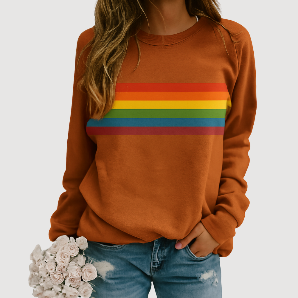 NOUVEAU RICHE Rundhals Sweatshirt Regenbogenstreifen Kuscheliger Komfort Khaki
