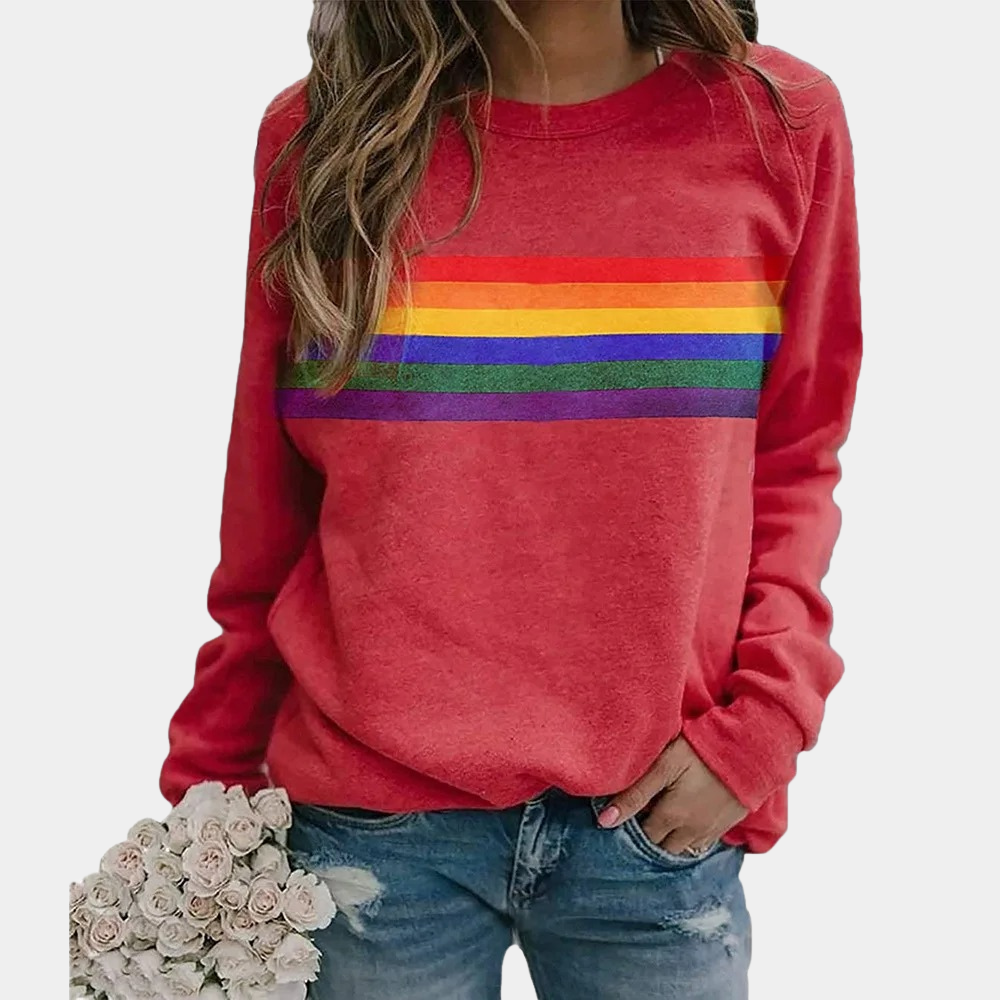 NOUVEAU RICHE Rundhals Sweatshirt Regenbogenstreifen Kuscheliger Komfort Rot