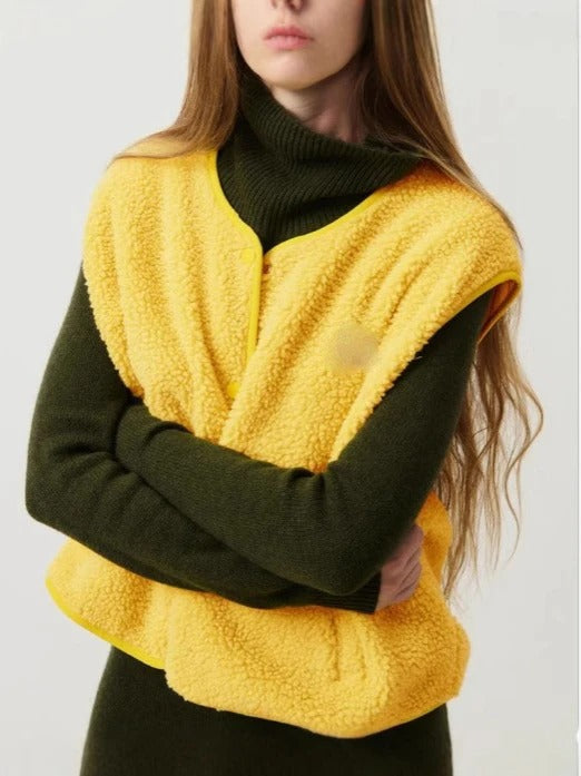 NOUVEAU RICHE Damen Ärmellose Weste Mit Druckknöpfen Rundhalsausschnitt Gelb