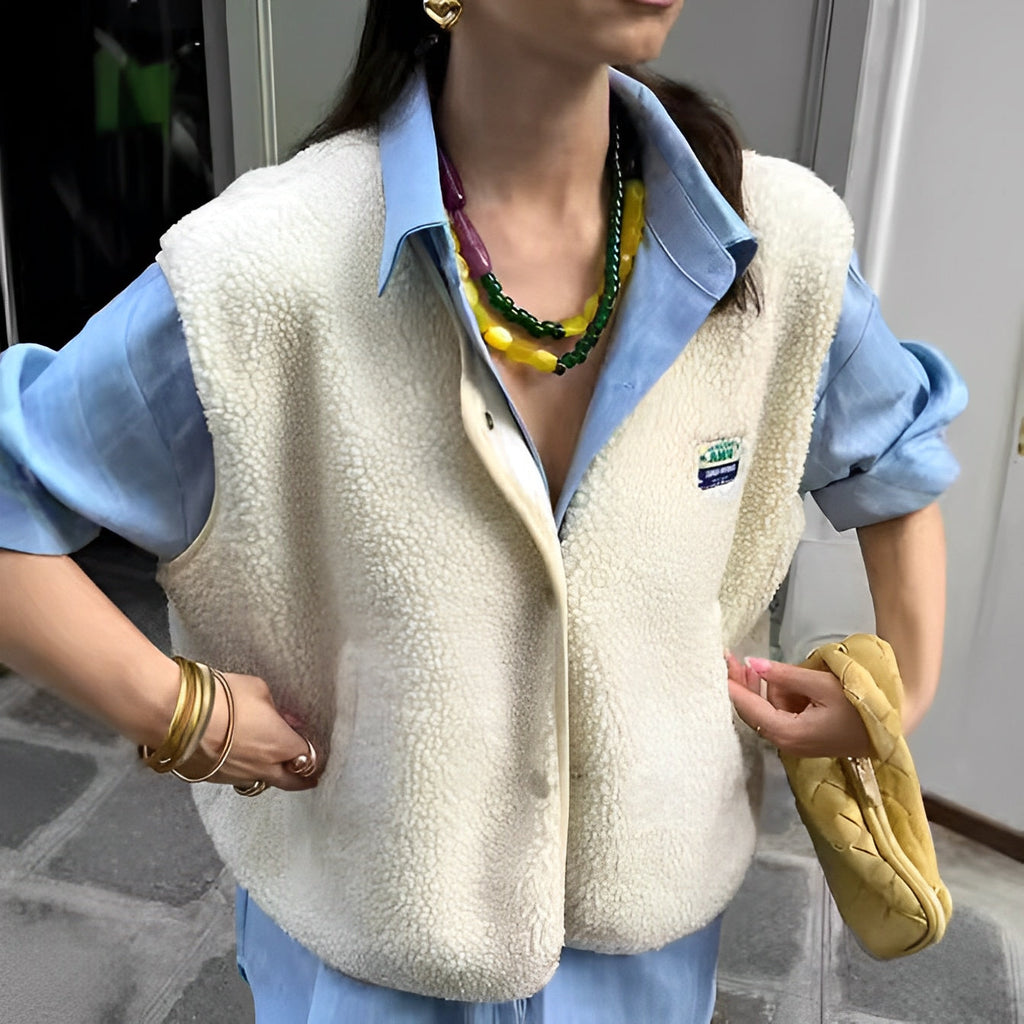 NOUVEAU RICHE Damen Ärmellose Weste Mit Druckknöpfen Rundhalsausschnitt Beige