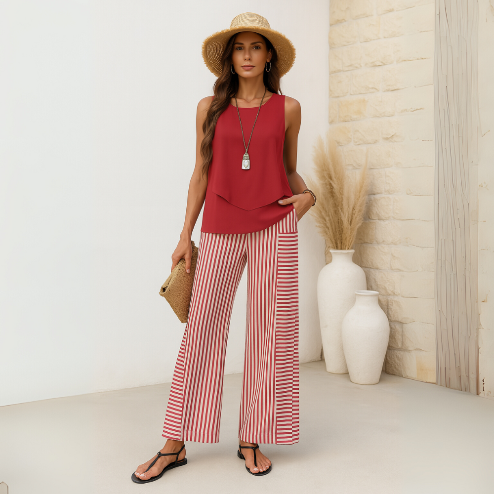 NOUVEAU RICHE Damen Ärmellose Zweiteiler Set Mit Lagenoberteil Weite Hose Rot