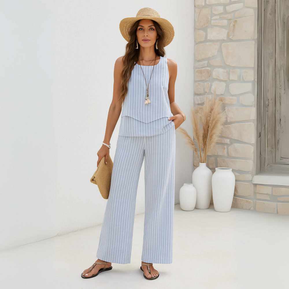 NOUVEAU RICHE Damen Ärmellose Zweiteiler Set Mit Lagenoberteil Weite Hose Blau