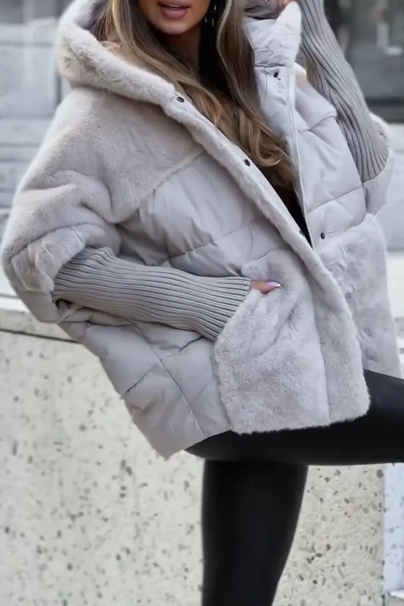 NOUVEAU RICHE Damen-Bomberjacke Leichte Jacke Mit Wärmenden Wattierung Farbenfroher Kapuze Grau