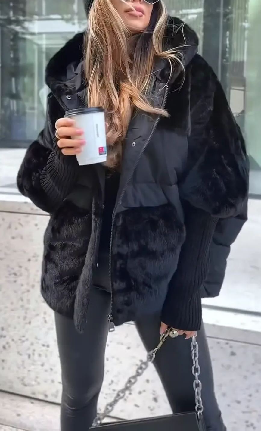 NOUVEAU RICHE Damen-Bomberjacke Leichte Jacke Mit Wärmenden Wattierung Farbenfroher Kapuze Schwarz