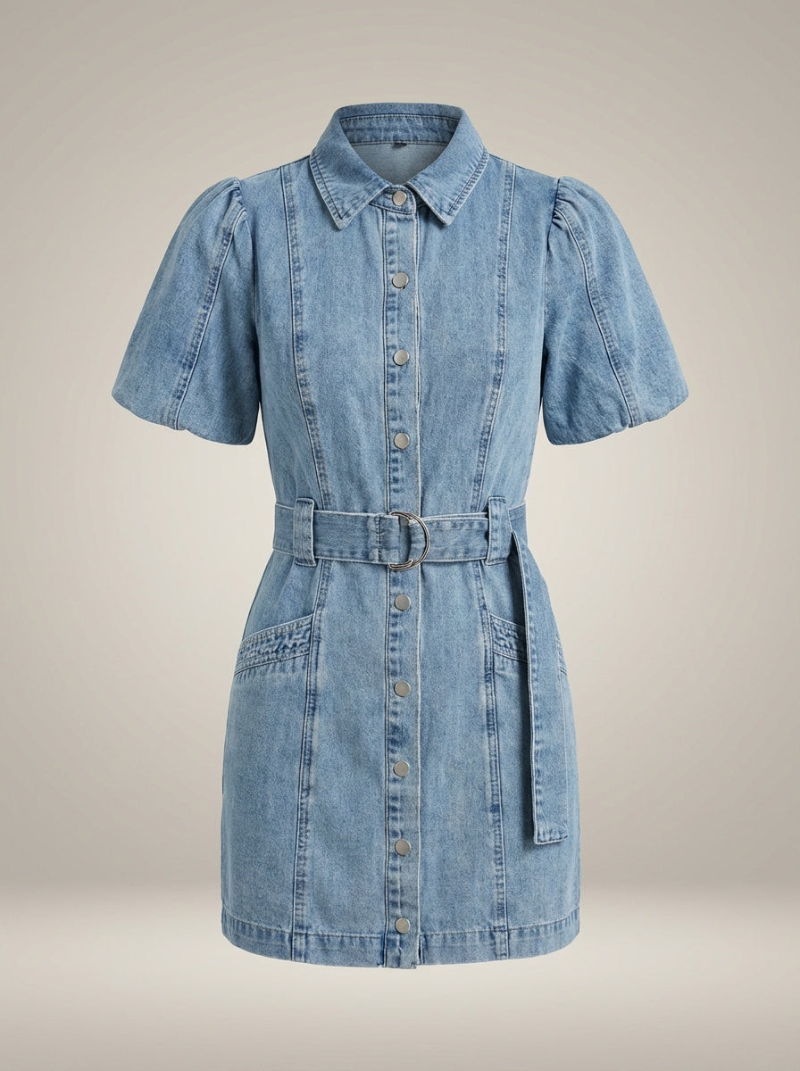 NOUVEAU RICHE Moon | Damen-Jeanskleid - Kurzes Jeanskleid mit Knöpfen und Taillenband