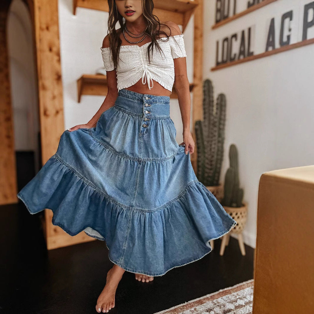 NOUVEAU RICHE Damen Jeansrock A-Linien Passform Gestufte Midi Länge Mit Knopfleiste Vorne Boho Stil Jeansblau