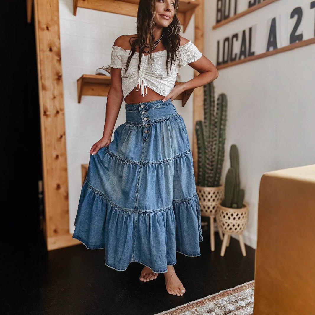 NOUVEAU RICHE Damen Jeansrock A-Linien Passform Gestufte Midi Länge Mit Knopfleiste Vorne Boho Stil