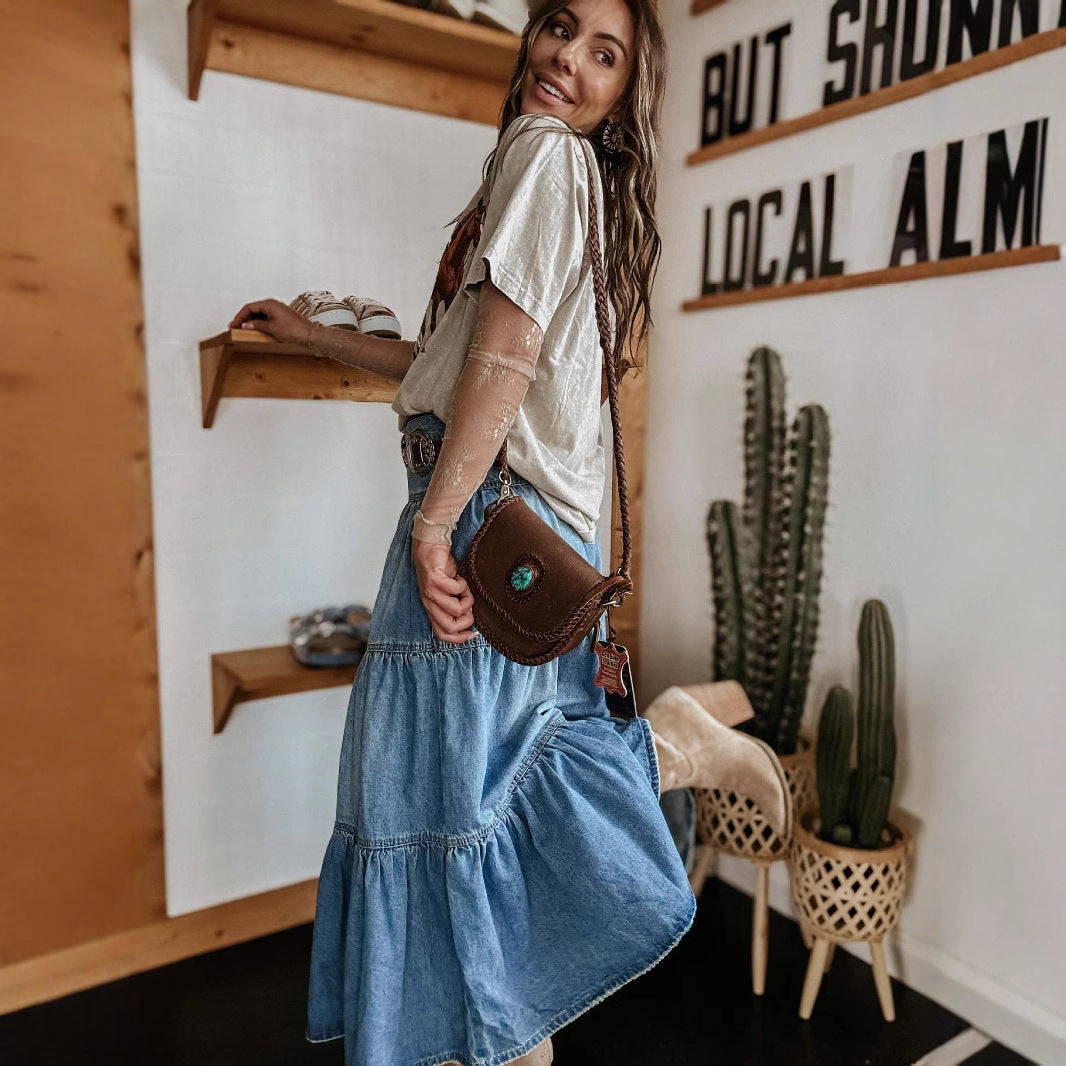NOUVEAU RICHE Damen Jeansrock A-Linien Passform Gestufte Midi Länge Mit Knopfleiste Vorne Boho Stil