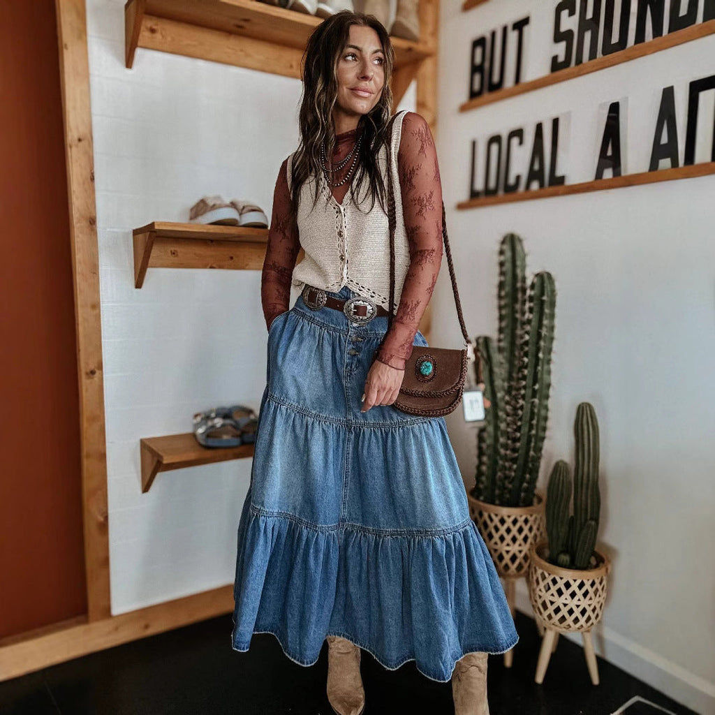 NOUVEAU RICHE Damen Jeansrock A-Linien Passform Gestufte Midi Länge Mit Knopfleiste Vorne Boho Stil