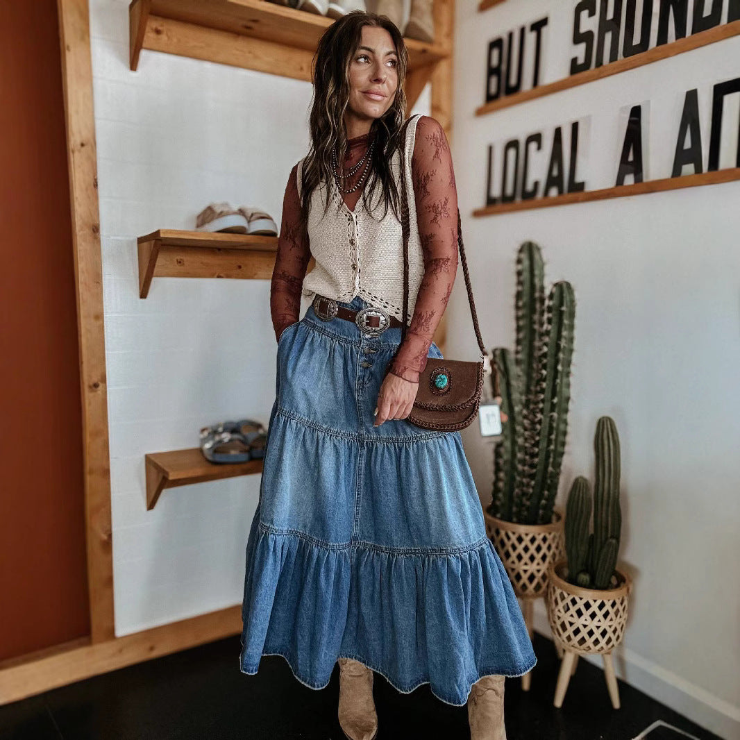 NOUVEAU RICHE Damen Jeansrock A-Linien Passform Gestufte Midi Länge Mit Knopfleiste Vorne Boho Stil
