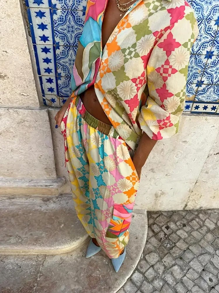 Damen-Jumpsuit – Bequeme Passform – Geometrisches Muster – Atmungsaktiv – Hemdkragen – Lange Ärmel 3