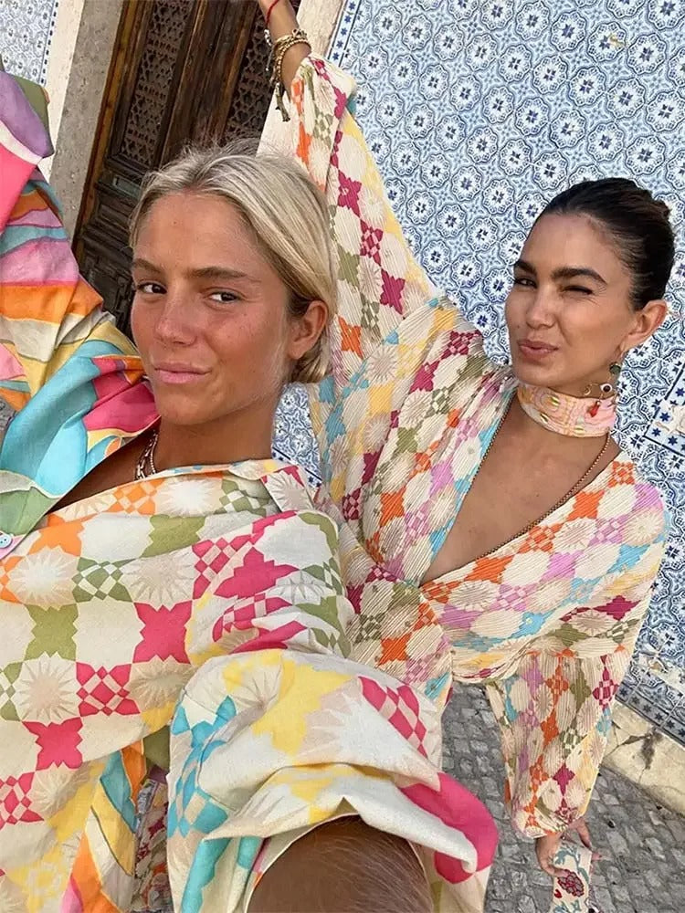 Damen-Jumpsuit – Bequeme Passform – Geometrisches Muster – Atmungsaktiv – Hemdkragen – Lange Ärmel 4