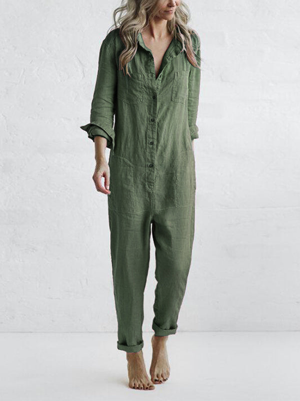 NOUVEAU RICHE Damen Jumpsuit Mit Button Down Langarm Rolllasche In Relaxed Fit Und Geradem Bein Ideal Für Den Alltag Grün