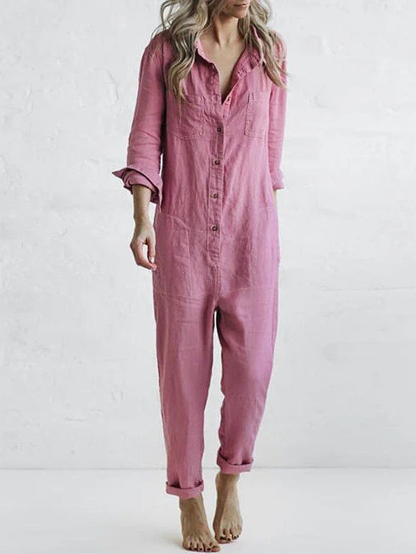 NOUVEAU RICHE Damen Jumpsuit Mit Button Down Langarm Rolllasche In Relaxed Fit Und Geradem Bein Ideal Für Den Alltag Rosa