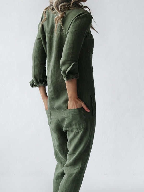 NOUVEAU RICHE Damen Jumpsuit Mit Button Down Langarm Rolllasche In Relaxed Fit Und Geradem Bein Ideal Für Den Alltag