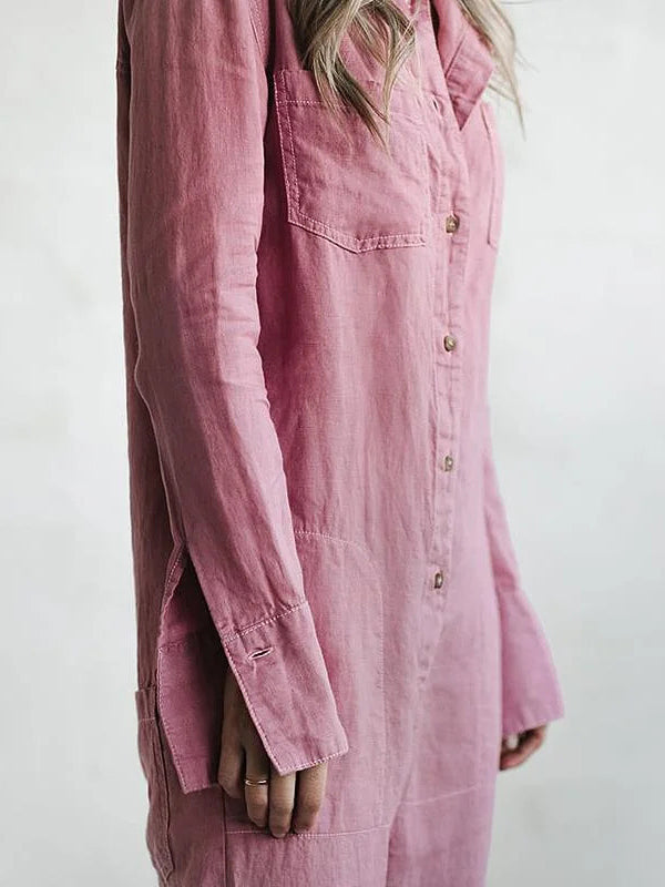 NOUVEAU RICHE Damen Jumpsuit Mit Button Down Langarm Rolllasche In Relaxed Fit Und Geradem Bein Ideal Für Den Alltag
