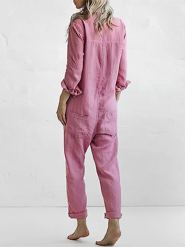 NOUVEAU RICHE Damen Jumpsuit Mit Button Down Langarm Rolllasche In Relaxed Fit Und Geradem Bein Ideal Für Den Alltag