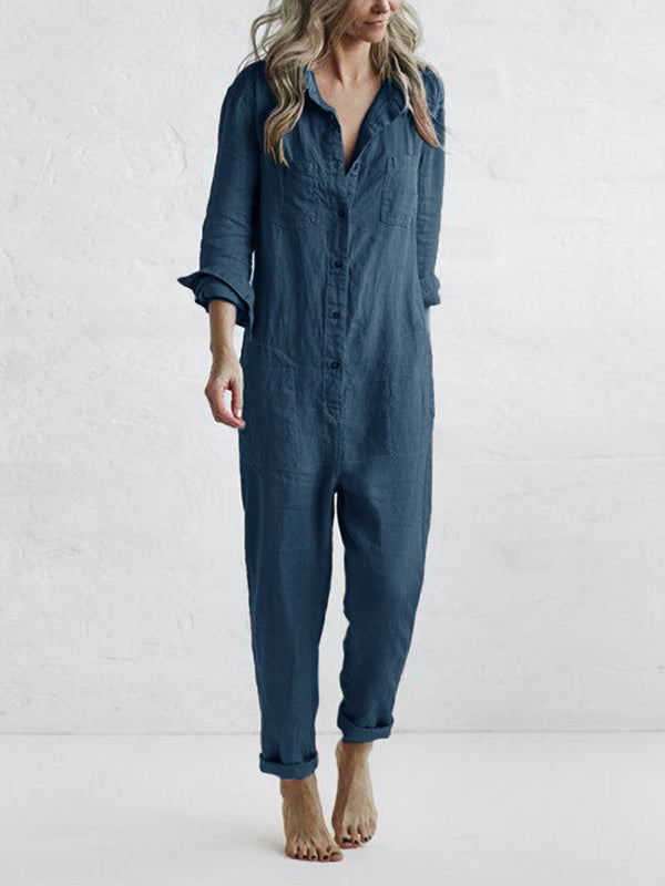 NOUVEAU RICHE Damen Jumpsuit Mit Button Down Langarm Rolllasche In Relaxed Fit Und Geradem Bein Ideal Für Den Alltag Blau
